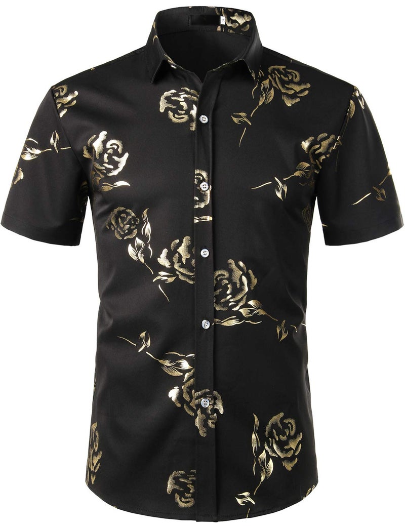 ZEROYAA Mens Hipster Gold Rose Printed Slim Fit Short Sleeve Button Down Dress Shirts ZZCL41 Black Medium - Image 1